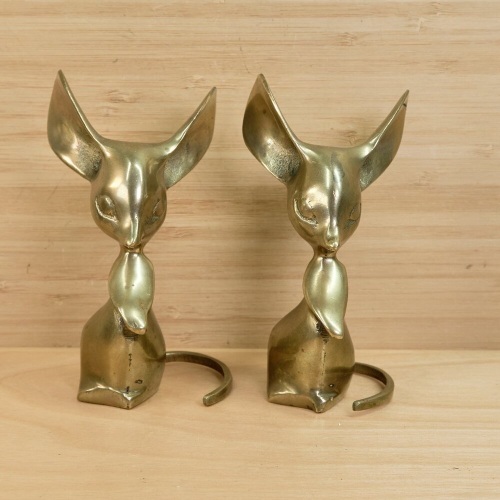 Vintage Solid Brass Big Eared Mouse Figurines / Pair Retro Brass Mice